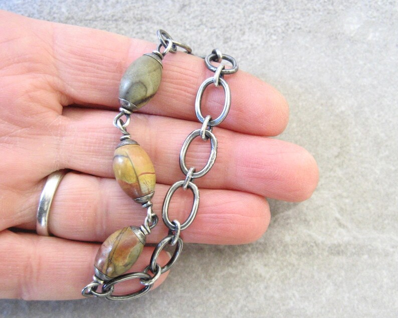rustic link bracelet fused silver links oxidized silver earthy bracelet jasper and silver