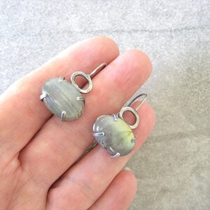 labradorite earrings, artisan jewelry, green stone earrings, oxidized silver, metalwork jewelry, prong set stones, oval stones, gift for her image 5