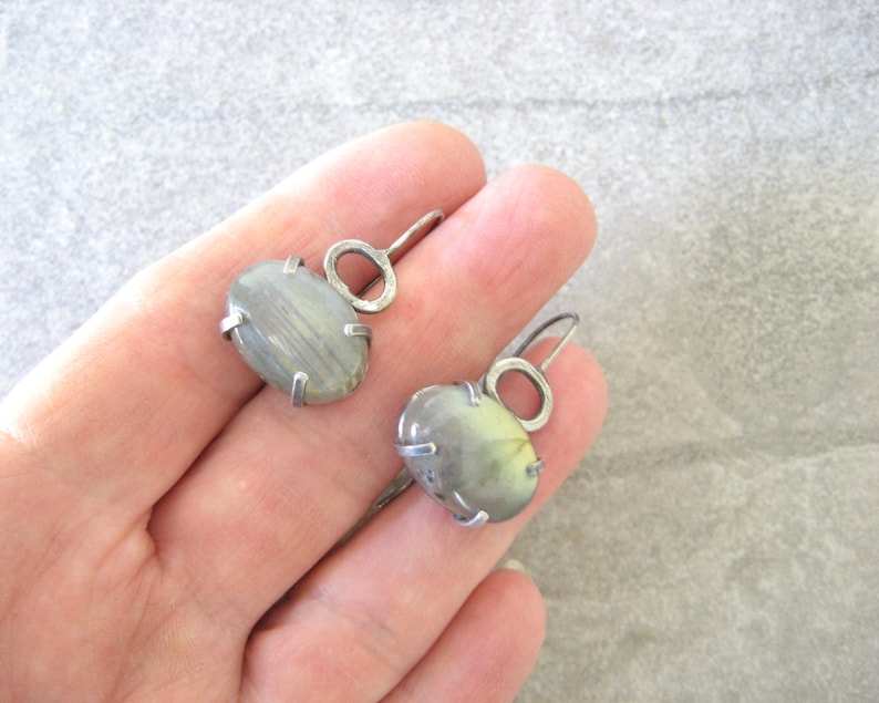 labradorite earrings, artisan jewelry, green stone earrings, oxidized silver, metalwork jewelry, prong set stones, oval stones, gift for her image 5