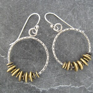 hoop earrings, mixed metal jewelry, fine silver hoops, brass beads, hammer textured, boho hoop earrings