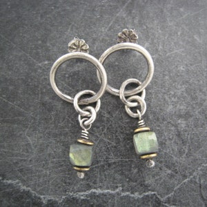 labradorite earrings, silver drop earrings, oxidized silver, post closure, boho rings, hand fabricated jewelry, green stone earrings image 1
