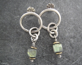 labradorite earrings, silver drop earrings, oxidized silver, post closure, boho rings, hand fabricated jewelry, green stone earrings