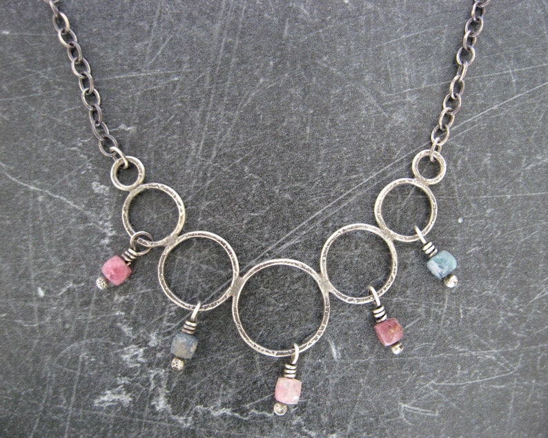 tourmaline necklace, boho rings necklace, artisan jewelry, pink and green stones, oxidized silver, minimalist artisan jewelry, gift for her image 4