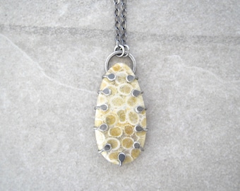 fossil necklace, fossilized coral, tan stone necklace, fossilized pendant, nature lover gift, metalwork jewelry