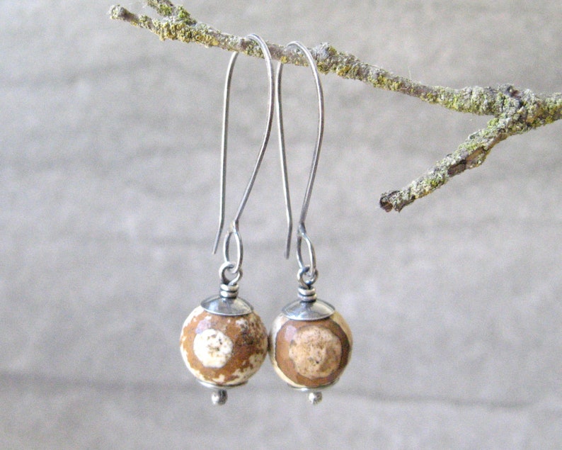 tan stone earrings, picture jasper beads, sterling silver, artisan jewelry, oversize ear wires, oxidized silver, nature lover gift image 2