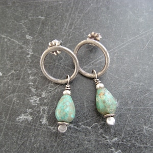 turquoise drop earrings, silver rings, post earrings, green stone earrings