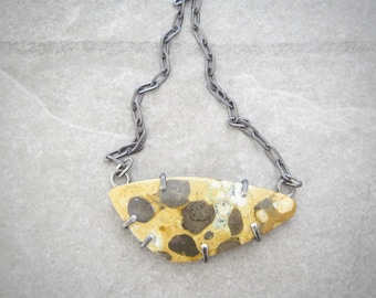 rhyolite necklace, brown yellow stone, hand forged jewelry, prong set stone, oxidized silver