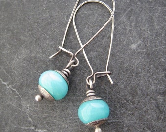 teal bead earrings, kidney ear wires, boho drop earrings, lampwork glass beads, blue teal beads