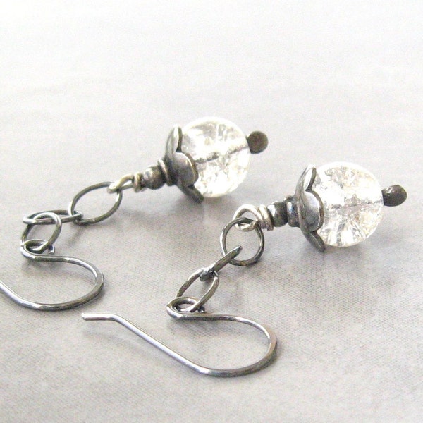 dangle earrings with crackled glass and sterling chains