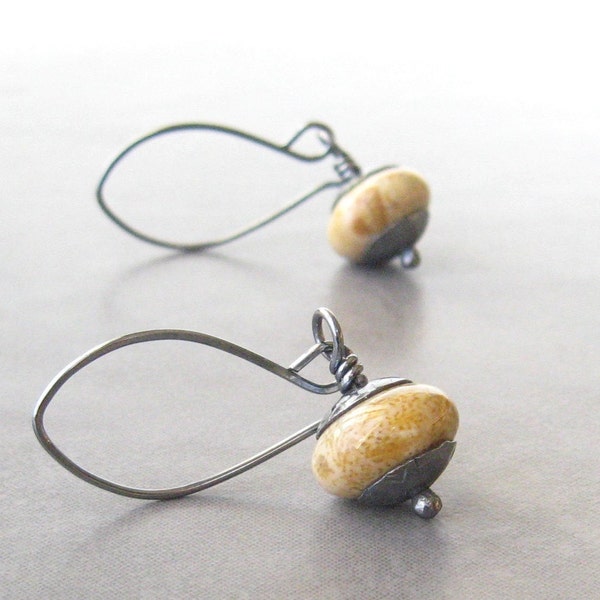 fossilized coral dangle earrings, rustic tan dangle earrings, sterling ear wires