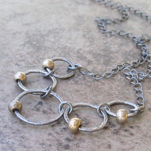 collier de bagues en argent, collier en argent oxydé, chaîne sterling, anneaux d'argent fin