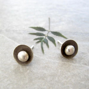 silver stud earrings, sterling flowers, push back closure, minimalist earrings, oxidized silver, earring jackets