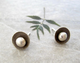 silver stud earrings, sterling flowers, push back closure, minimalist earrings, oxidized silver, earring jackets