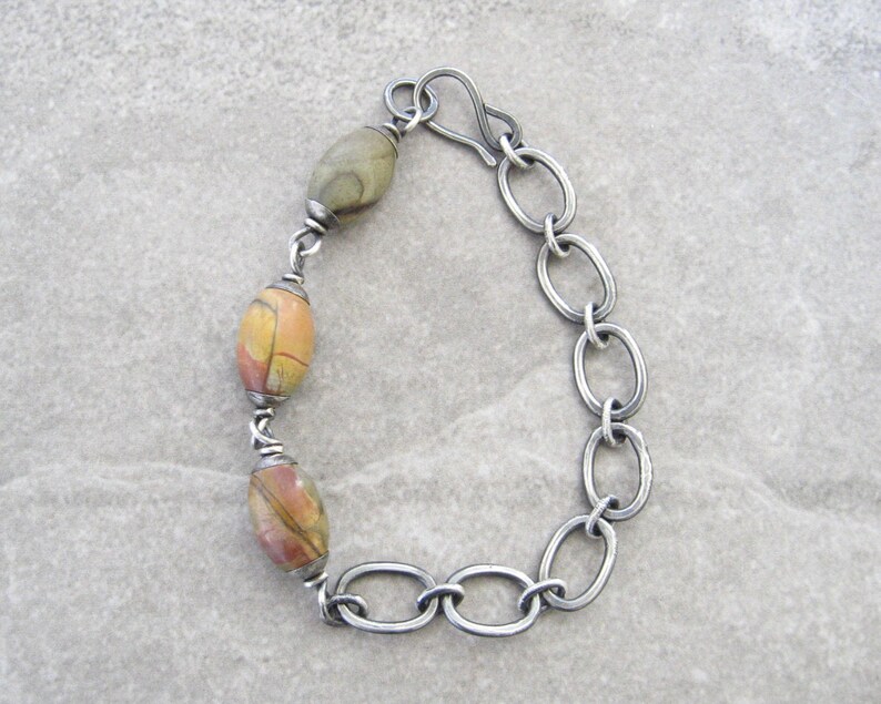 rustic link bracelet fused silver links oxidized silver earthy bracelet jasper and silver
