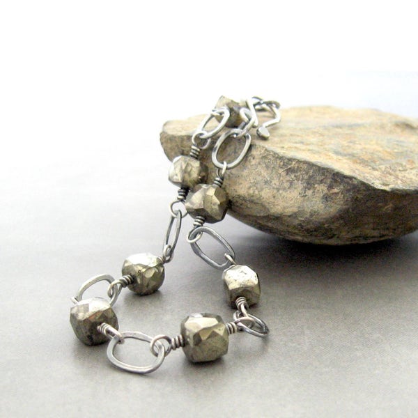 pyrite and silver bracelet, metalwork pyrite bracelet, wirewrap bracelet, oxidized bracelet