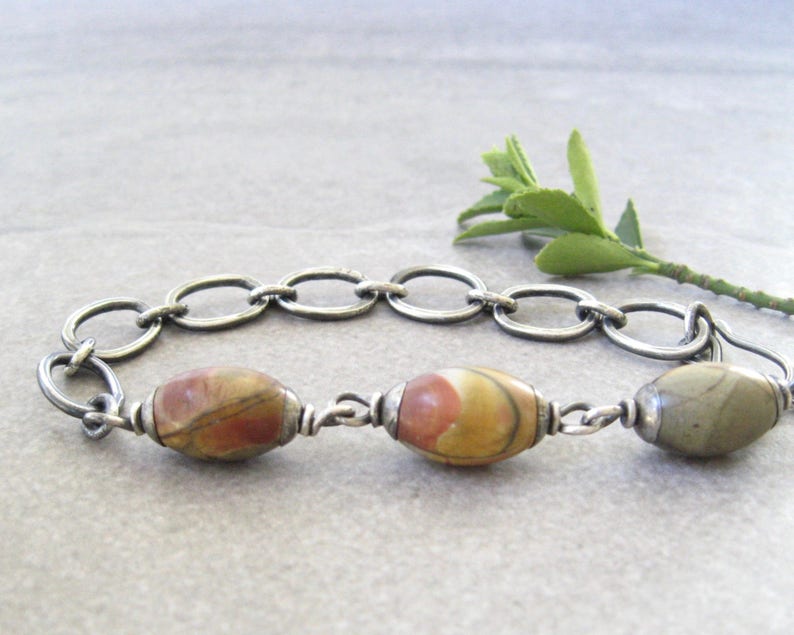 rustic link bracelet fused silver links oxidized silver earthy bracelet jasper and silver
