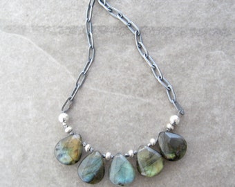 labradorite necklace, gemstone necklace, blue green stones, sterling chain, artisan jewelry, minimalist necklace