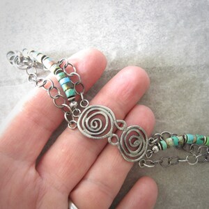 turquoise bracelet, silver and turquoise, 3 strand bracelet, metalwork jewelry, artisan bracelet image 2