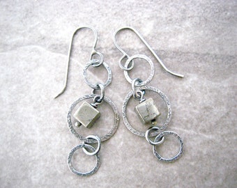 pyrite earrings, fine silver rings, oxidized silver, sterling ear wires, boho drop earrings, gift for her, metalwork jewelry