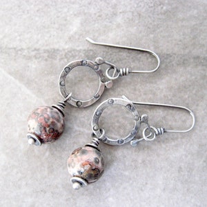 boho jasper earrings, leopard skin jasper, rustic drop earrings, oxidized silver, artisan jewelry, gift for her image 1