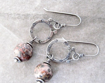 boho jasper earrings, leopard skin jasper, rustic drop earrings, oxidized silver, artisan jewelry, gift for her