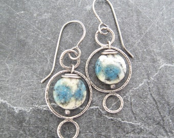 blue stone earrings, K2 azurite beads, metalwork jewelry, oxidized silver, artisan earrings, hand fabricated