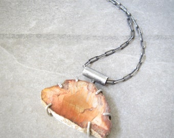 petrified wood necklace, statement pendant, long sterling chain, nature lover gift, chunky pendant, prong set necklace, rustic jewelry