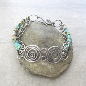 turquoise bracelet, silver and turquoise, 3 strand bracelet, metalwork jewelry, artisan bracelet image 4