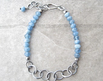 aquamarine bracelet, handmade silver chain, aquamarine and silver, oxidized jewelry, boho link bracelet, fine silver links