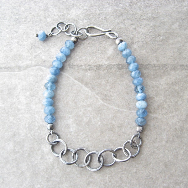 aquamarine bracelet, handmade silver chain, aquamarine and silver, oxidized jewelry, boho link bracelet, fine silver links