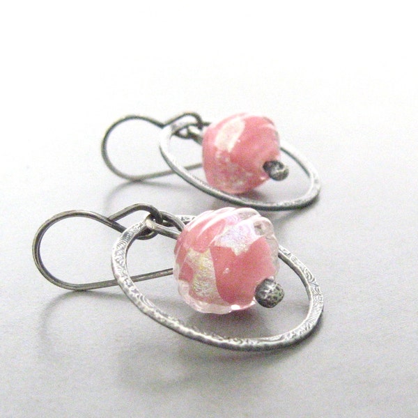 pink dangle earrings with lampwork glass beads and sterling silver rings