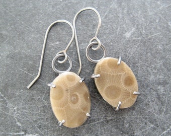 fossil earrings, petoskey stones, metalwork jewelry, oxidized silver, prong setting, fossil coral earrings, nature lover gift