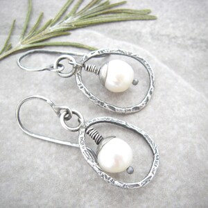 pearl earrings, pearl drop earrings, oxidized silver, white pearls, rustic pearl earrings, gift for her zdjęcie 5