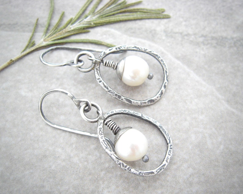 pearl earrings, pearl drop earrings, oxidized silver, white pearls, rustic pearl earrings, gift for her zdjęcie 5