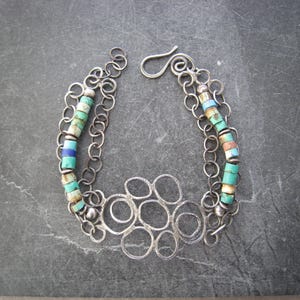 turquoise bracelet, silver and turquoise, 3 strand bracelet, metalwork jewelry, artisan bracelet