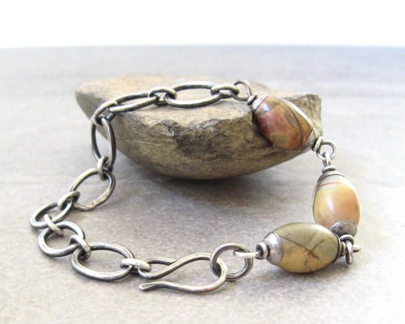 rustic link bracelet fused silver links oxidized silver earthy bracelet jasper and silver
