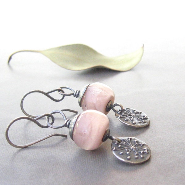 pink dangle earrings with lampwork glass beads and silver