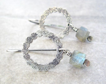 labradorite earrings, silver ring earrings, blue labradorite bead, oxidized sterling, metalwork earrings, dainty silver earrings