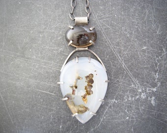 collier de deux pierres, agate de montana, pendentif en pierre brune, quartz fumé, bijoux en métal, pierres serties de broches, collier de déclaration