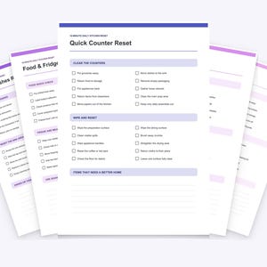 May include: A set of white paper checklists with purple headers and borders. The central document is titled Quick Counter Reset and includes sections for clearing counters, wiping surfaces, and organizing items with checkboxes.