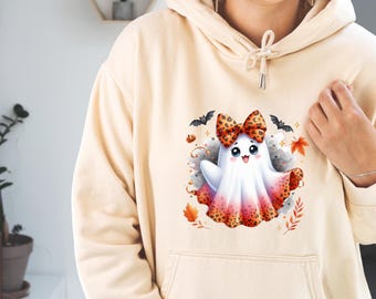 Leopard Bow Ghost PNG, Kawaii Halloween Clipart (Digital Download)