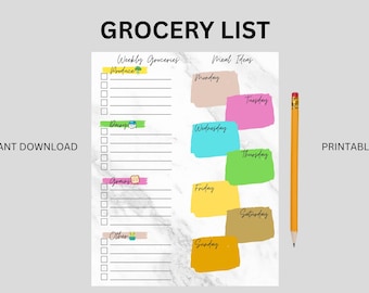 Modèle imprimable de liste de courses, planificateur de courses, liste de courses hebdomadaire, planification de repas et organisateur de courses, téléchargement immédiat au format PDF