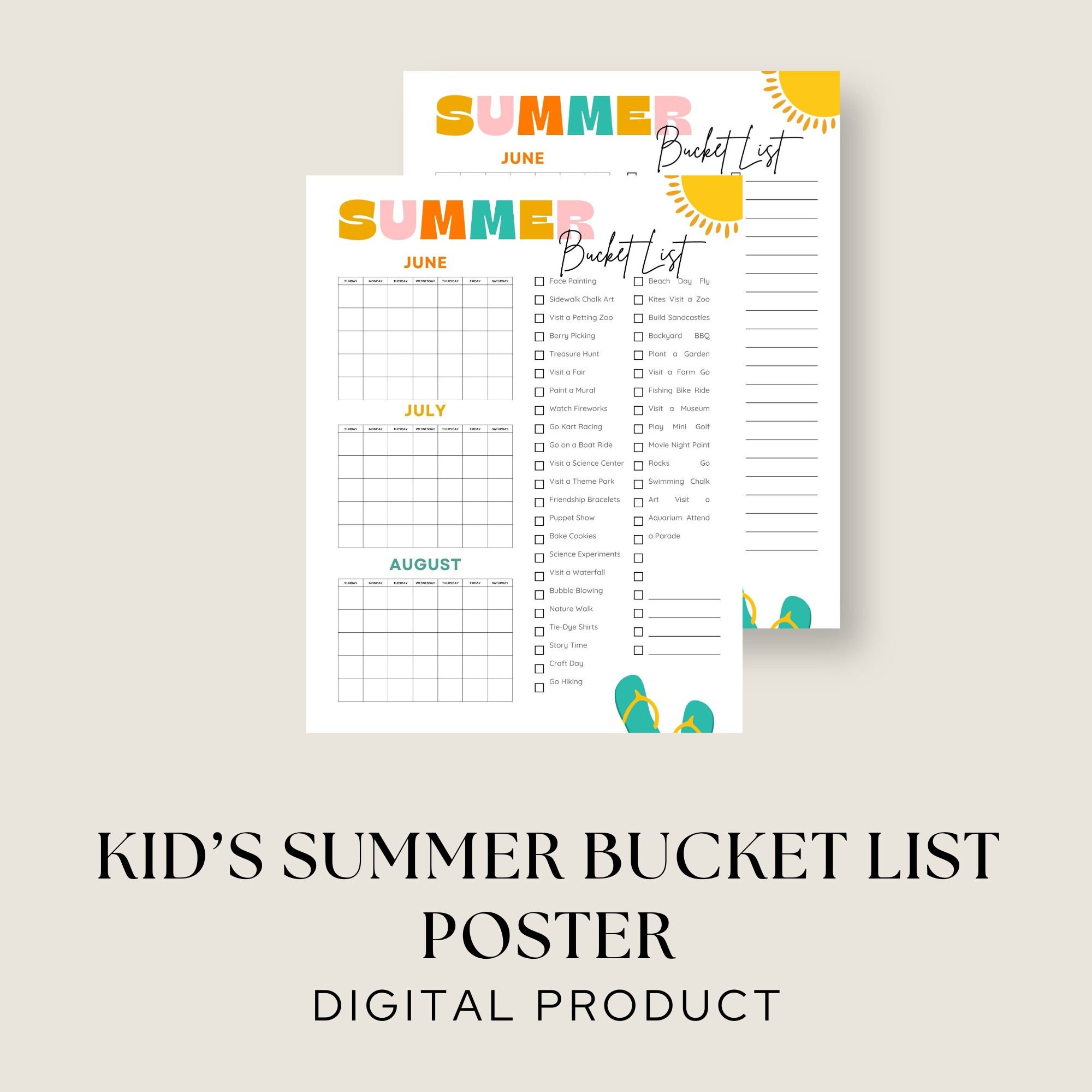 End of School Summer Fun Calendar Kids Activity Planner and Bucket List