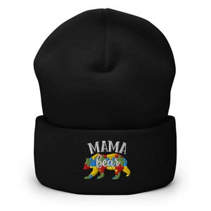 Mama Bear Autism Beanie: Embroidered Puzzle Piece Bear Hat