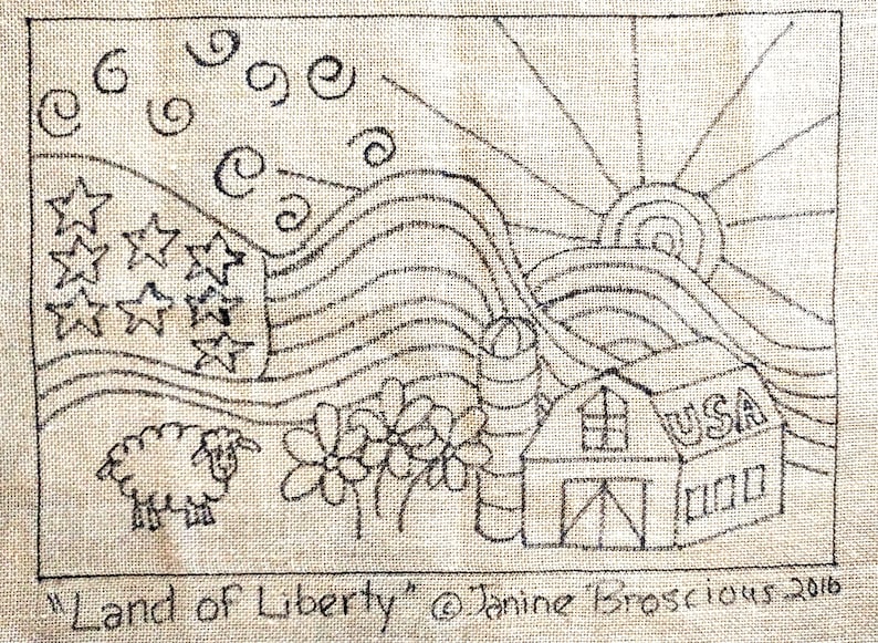 Op de afbeelding: Zwart-witte lijntekening van een patriottische sc&egrave;ne met een schuur, een vuurtoren, een schaap en een zon met stralen. De schuur heeft het woord "USA" erop. De tekst "Land of Liberty" staat onderaan de afbeelding.