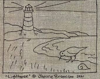 Lighthouse Landscape Rug Hooking Pattern on LINEN 11 x 14 inches