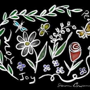 Puede incluir: Una ilustración en blanco y negro de una corona de hojas y flores con las palabras "Paz", "Amor" y "Alegría" escritas alrededor de la corona. Las flores están dibujadas en diferentes colores, incluyendo rojo, amarillo, azul y verde.