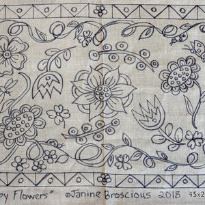 Happy Flowers Rug Hooking Pattern on Linen 45 x 27 inches