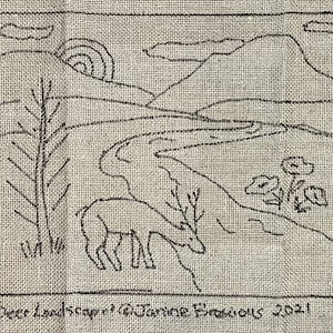 May include: Black and white embroidered artwork depicting a landscape with two deer, a tree, and a mountain range. The artwork is titled "Deer Landscape" and is dated 2021.