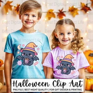 Cute Kawaii Halloween Clipart PNG | Witch Hat Bat Digital Download | Spooky Cute Pastel Art for Shirts, Mugs, Stickers, Sublimation & Gifts